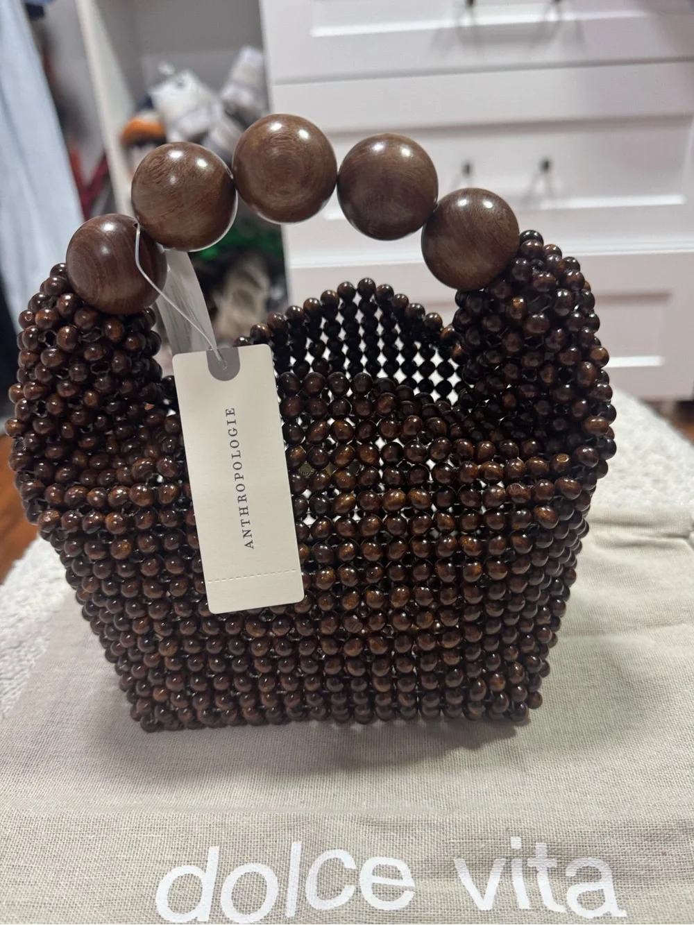 NWT Anthropologie Wooden Beaded Mini Top Handle Bag - Picture 3 of 5